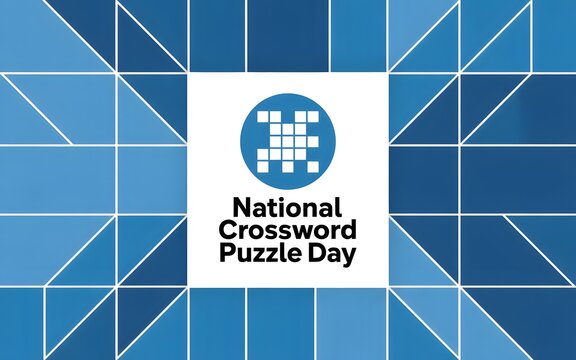 National crossword puzzle day with geometric blue triangle pattern and white square frame