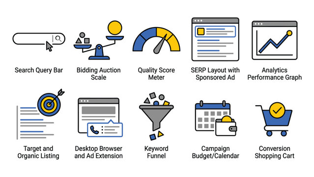Digital marketing and search engine optimization set featuring analytics, bidding, keyword funnels, and ad campaign management tools