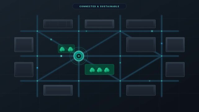Futuristic digital network interface displaying connected and sustainable corporate strategy animation footage clip