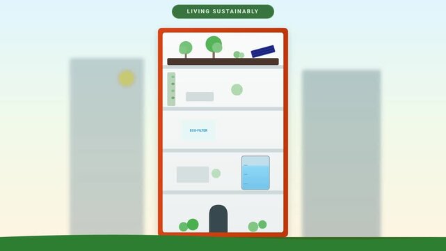 Sustainable eco friendly living building graphic animation showing green technology features and solar power footage