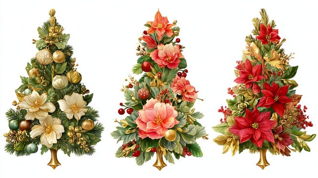 Christmas tree illustrations featuring elegant floral arrangements with red poinsettias and gold decorations on white background