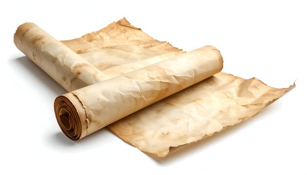 Vintage aged parchment paper scrolls with stained texture and crinkled edges isolated on white