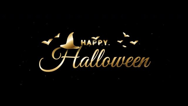 Elegant Golden Text with flying bats and a witch hat on a dark background, conveying festive Halloween greetings, perfect for social media posts, video intros, and party invitations.