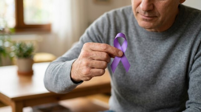 Man Holding Purple Awareness Ribbon for Domestic Violence and Epilepsy Awareness