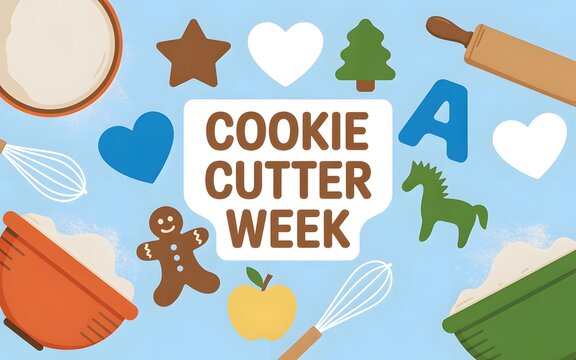 Cookie cutter week with various shapes and baking tools on a light blue background