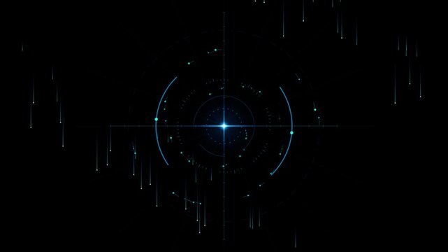 Futuristic aim interface with digital light particles and technology target lines on black background motion.