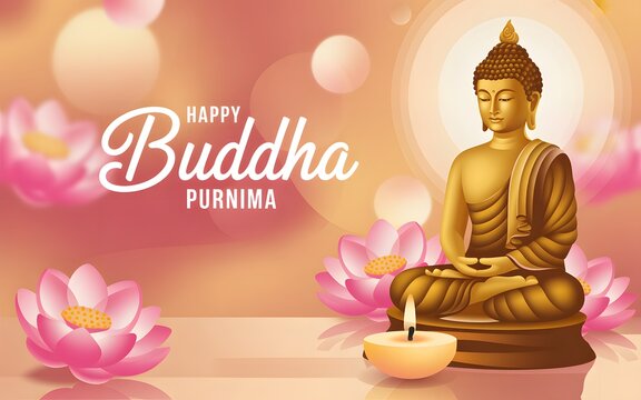 Golden buddha statue sitting in meditation with pink lotus flowers for buddha purnima festival