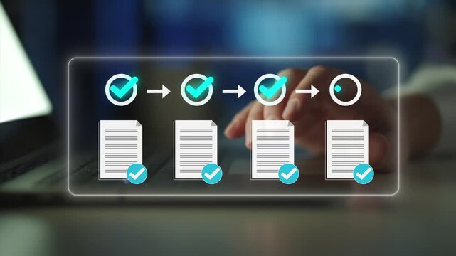 Digital task management interface with completed checklist items and verification marks. organization, productivity, project tracking and operational success.