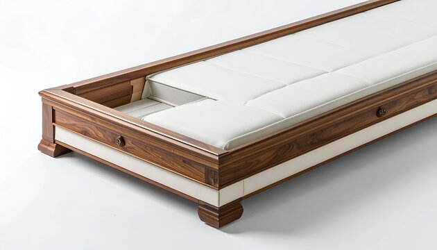 Modern handcrafted wooden bed frame with white leather upholstery isolated on white studio background