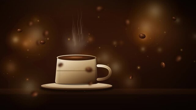 Cinematic coffee cup with elegant curling steam wisps rising, floating roasted coffee beans in slow rotation and warm amber bokeh in a cozy cafe atmosphere, seamless loop