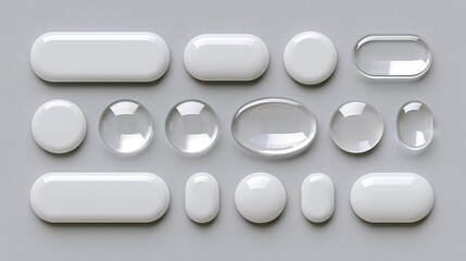 Fototapeta na wymiar Flat lay of assorted white glossy ui button shapes arranged in rows on gray background