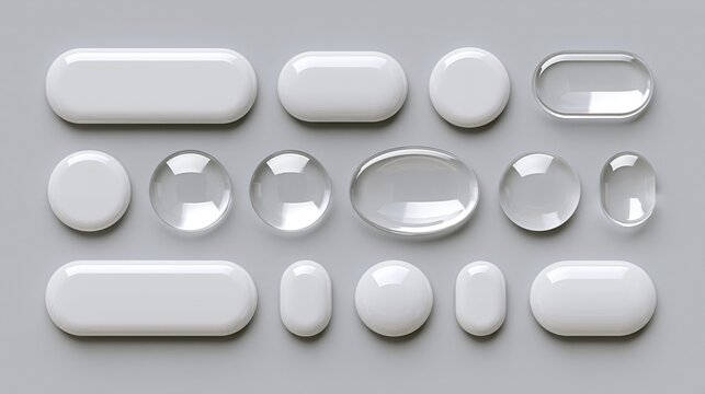Flat lay of assorted white glossy ui button shapes arranged in rows on gray background