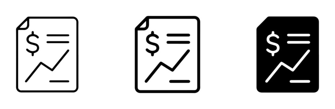 Financial Report Icons, Business Growth Charts, and Dollar Sign Symbols. Set of 3 Minimalist Vector Graphics for Finance and Analytics