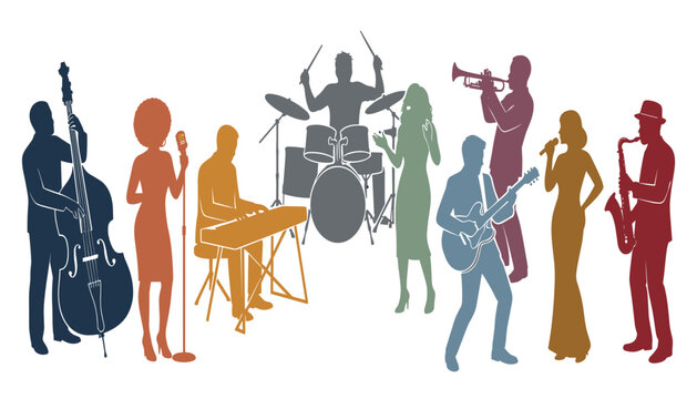 Live music band silhouette vector set with jazz musicians playing instruments and singers performing on stage