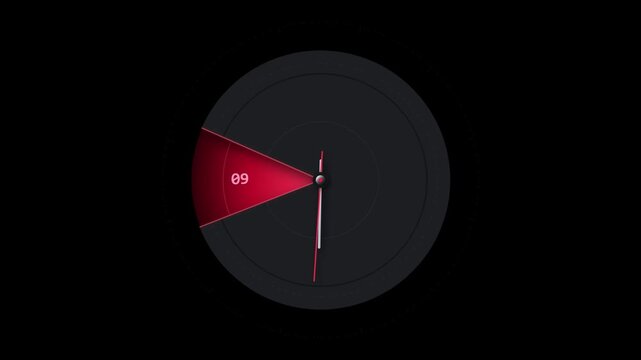 Minimalist digital clock animation with red countdown timer on black background, clean and modern design.