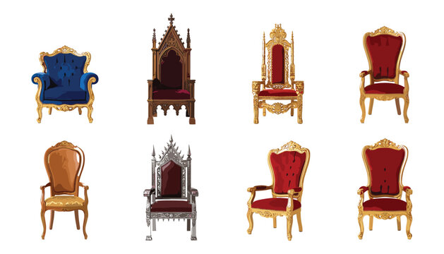 Royal throne chair vector set with antique golden king seats medieval gothic armchairs and royal furniture