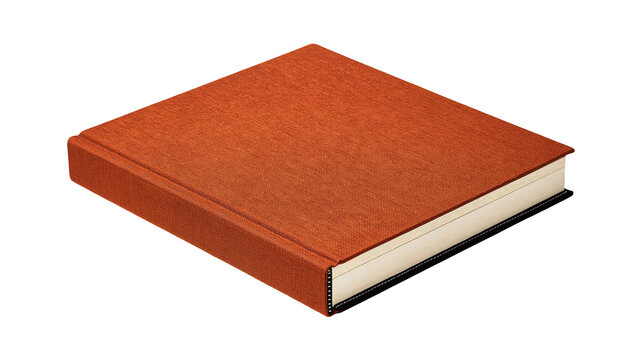Square orange fabric covered hardcover book with thick pages