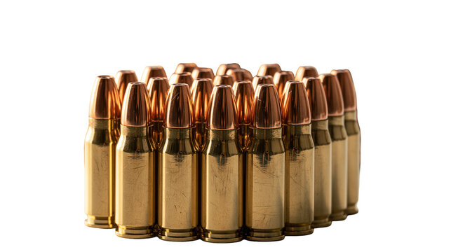 Group of brass rifle cartridges with copper jacketed bullets standing upright