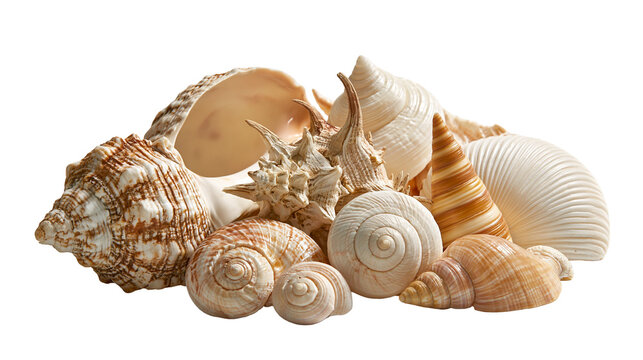 Collection of various textured spiral seashells and conch shells