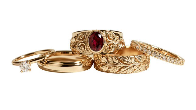 Gold wedding ring set with ruby gemstone and diamond accents