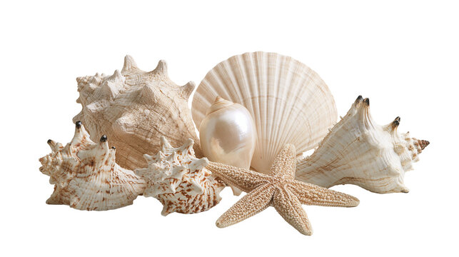 Collection of various textured sea shells and a starfish