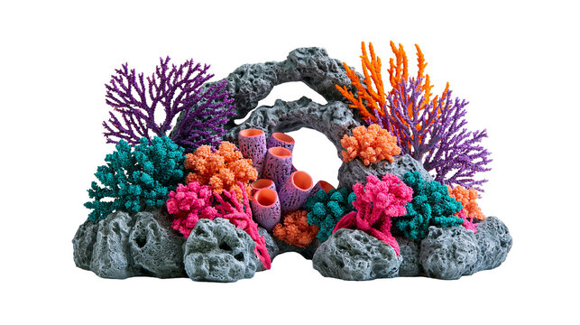 Colorful artificial coral reef aquarium ornament with grey rock arch and sponges
