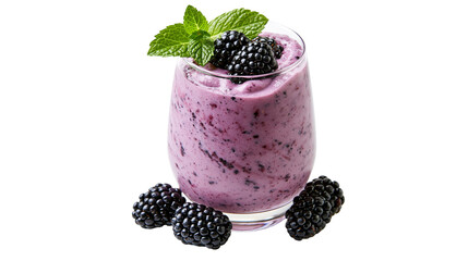 Creamy blackberry smoothie in a glass topped with fresh mint and whole berries © Otillie