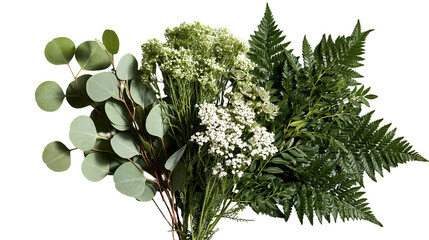 Fresh bouquet of eucalyptus branches white yarrow flowers and green fern leaves © Otillie