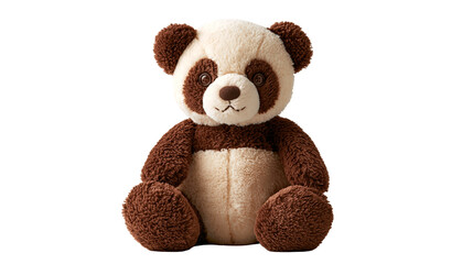 Fluffy brown and cream colored plush panda bear toy sitting upright © Otillie