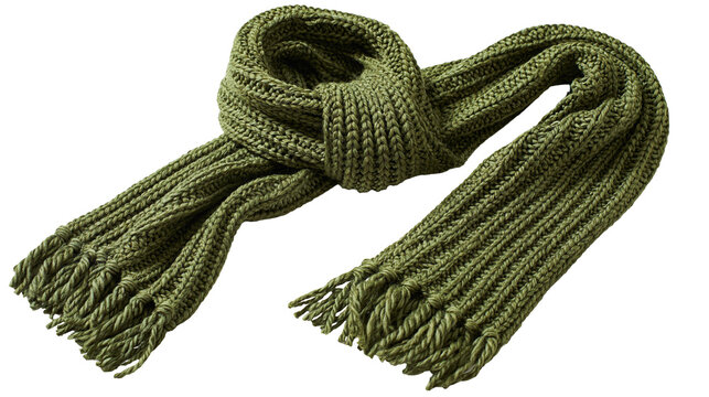 Olive green knitted wool scarf with ribbed texture and fringed ends