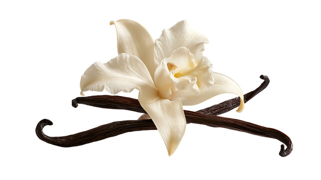 Creamy white vanilla flower blossom with two dark brown dried vanilla bean pods