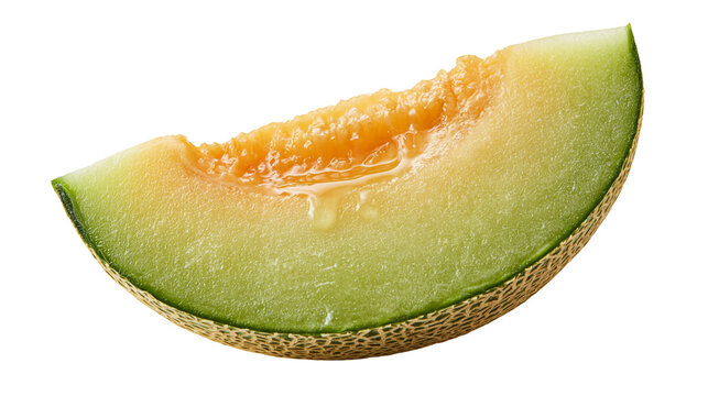Fresh juicy slice of cantaloupe melon with textured rind and orange flesh