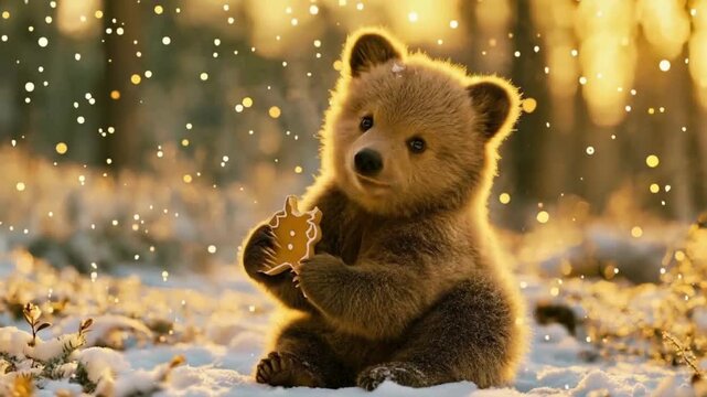 A little bear eating a gingerbread cookie during the Christmas season