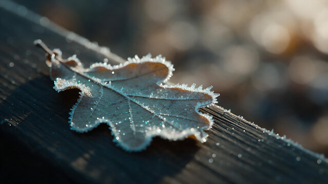 Frost-rimmed oak leaf macro on dark wood winter background