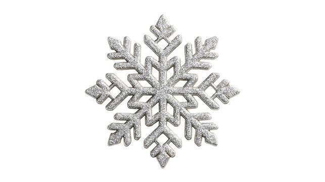 Silver glittery snowflake ornament with intricate geometric crystal pattern
