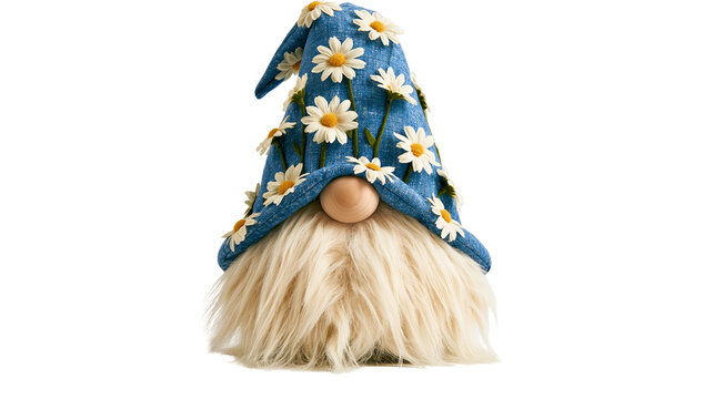 Blue fabric gnome figurine with daisy flower pattern and long fluffy white beard