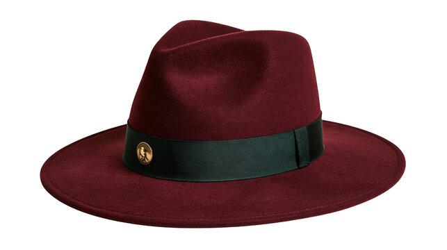 Burgundy felt fedora hat with black ribbon band and gold metal emblem