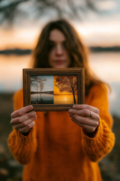 old picture frame, with the left side showing autumn and right side springtime