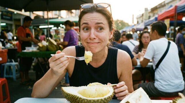 Woman with skeptical expression enjoying durian fruit at outdoor market