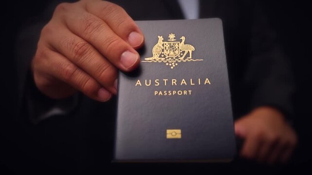 Australian Passport Held In Hand Close Up