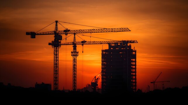 Tower Crane Silhouettes and High Rise Building Under Sunset