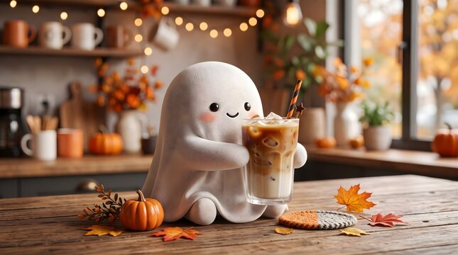 Cute 3D ghost character sitting at a cozy wooden table holding an iced coffee drink with fall autumn pumpkin decor