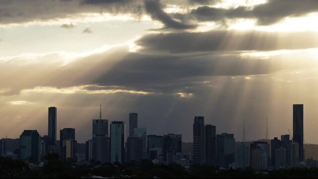 Timelapse sunset over city, Brisbane, Australia, September 2026 - Pan right to left - 4k