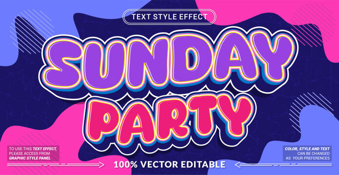 Sunday Party 3D editable text effect vector template for fun weekend posters, club flyers, and vibrant event banners. Fully customizable graphic style.