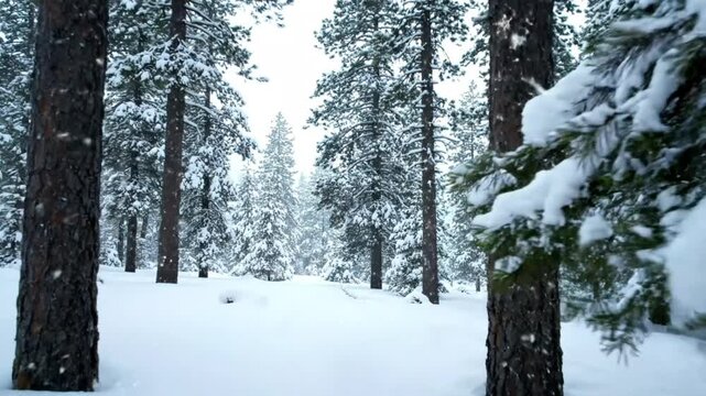 Serene winter forest with falling snow and pine trees