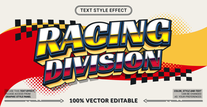 Racing Division 3D editable text effect vector template for sports posters, automotive banners, and speed event graphics. Fully customizable graphic style.