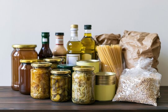 The Pantry Display: Rustic Jars Bottles and Groceries Arranged on Wooden Table
