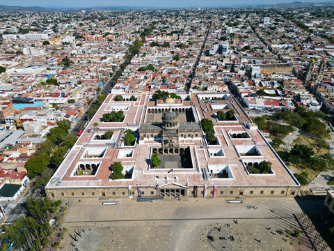 Guadalajara, Mexico -November 16 2025: Aerial drone view of Hospicio Cabanas, UNESCO World Heritage site, Guadalajara. Colonial architecture, courtyards, and city