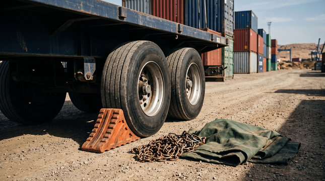 Truck trailer wheel chock at shipping container yard