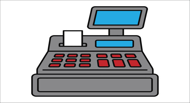 A flat vector illustration depicts a cash register with a monitor receipt printer and button panel cashregister pointofsale possystem retail checkout transaction commerce store shop